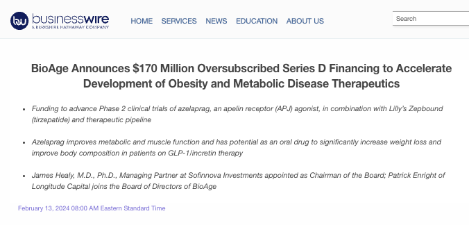 resources BioAge Announces $170 Million Oversubscribed Series D Financing to Accelerate Development of Obesity and Metabolic Disease Therapeutics